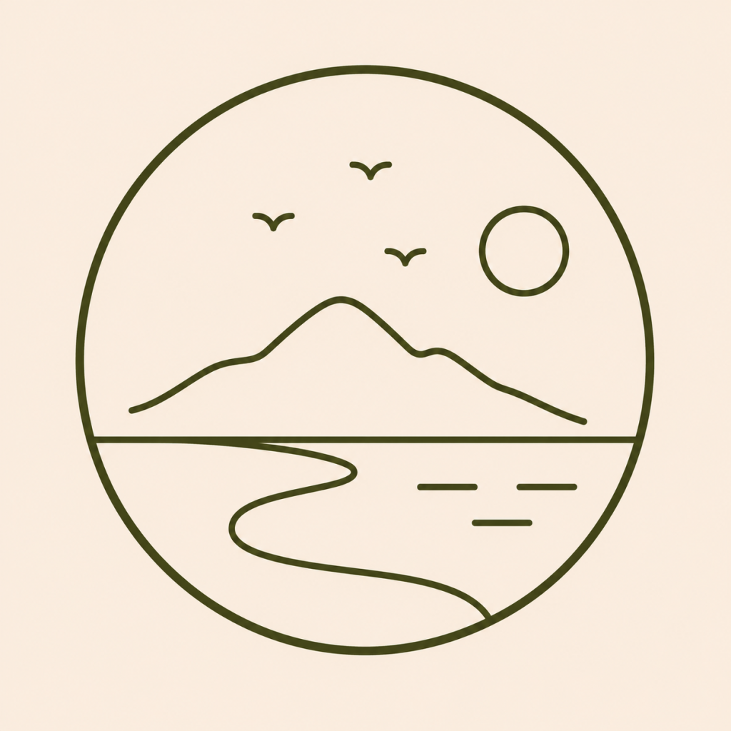 Pictogramme représentant un paysage naturel avec montagne, mer et soleil, symbole des cours de yoga en pleine nature en Corse.